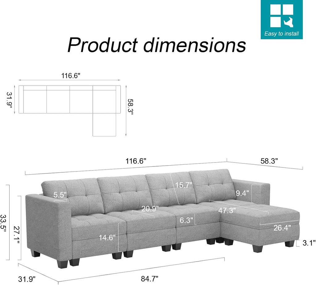 Light Grey L Shape 5-Seat Modular Sectional Sofa with Storage, Reversible Chaise, Adjustable Backrest, Cotton &
