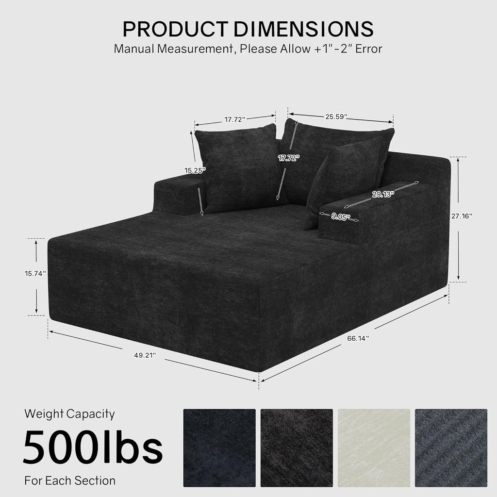 66" Chaise Lounge Chair Indoor, Oversized Boneless Lounge Chair with 3 Pillows, Cloud Reading Chair Bedroom, Deep