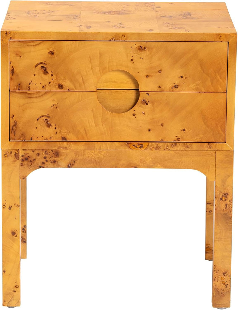 Kayla Modern and Contemporary Real Mappa Burl Wood 2-Drawer Nightstand