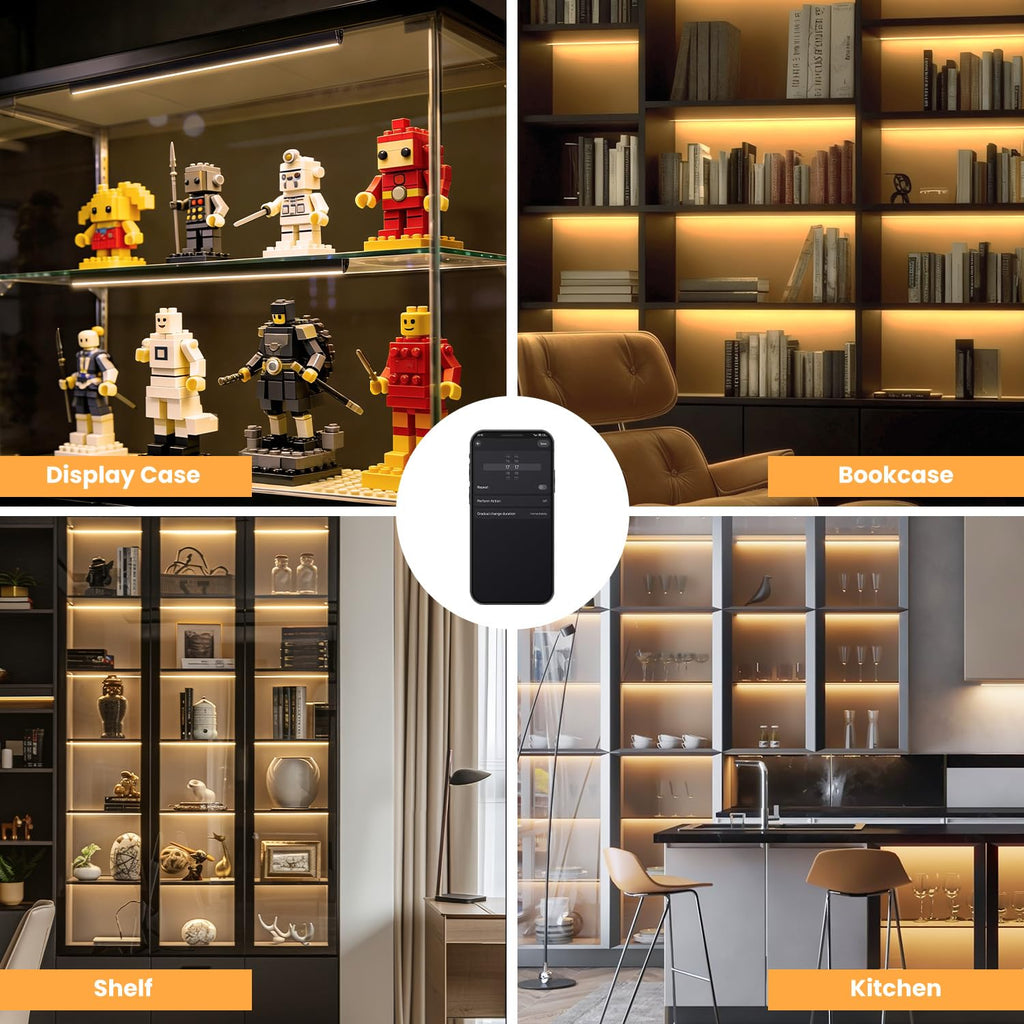 Black Shelf Lights, LED Bookcase Lighting Compatible with Alexa, WiFi Dimmable 2700K Under Shelf Lighting