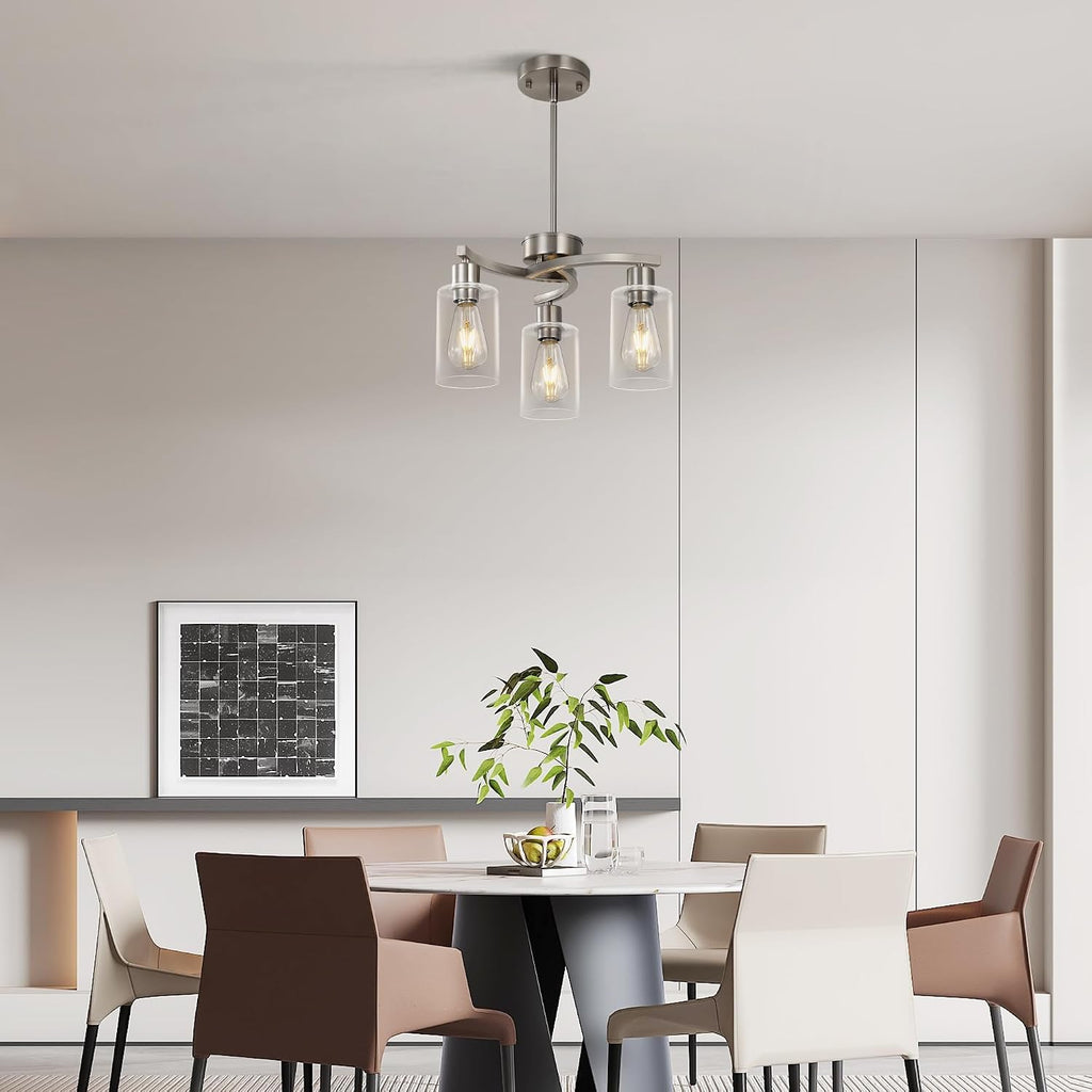 3 Light Brushed Nickel Dining Room Light Fixture,Modern Kitchen Chandeliers Over Table，Adjustable Height Industrial