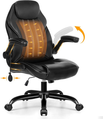 Office Desk Chair, Ergonomic Computer Chair with Padded Flip-Up Arms and Adjustable Lumbar Support, PU Leather