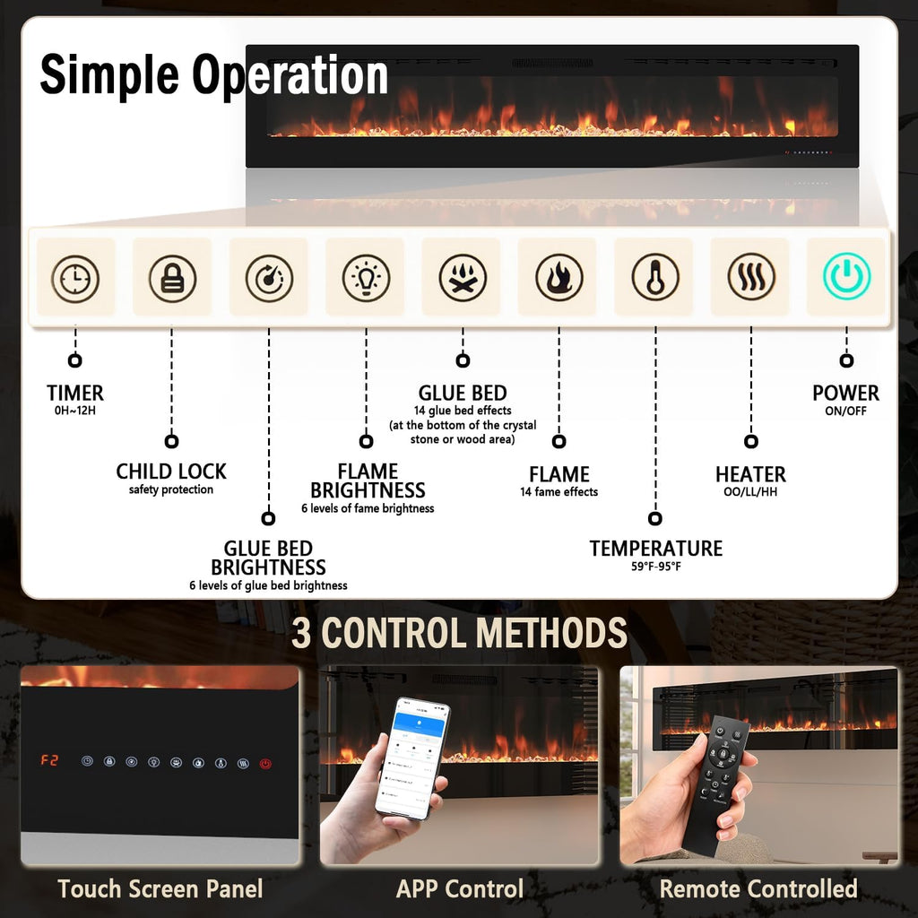 Smart Electric Fireplace - 80 Inch Electric Fireplace Inserts, Wall Mount or in-Wall Recessed Fireplace Heater