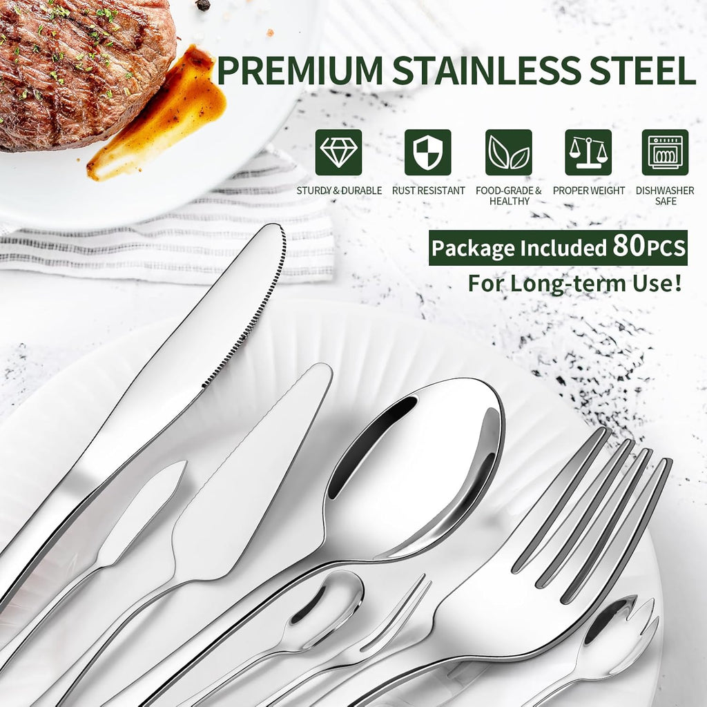 80 Pieces Silverware Set with Serving Utensils Set, Stainless Steel Flatware Set for 12 with Steak Knives