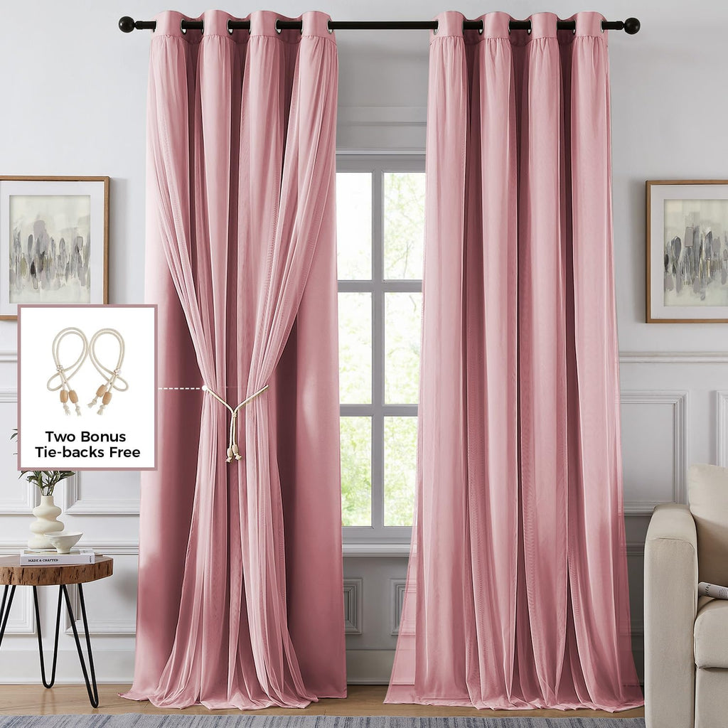 100% Blackout Curtains, Double Layer Pink Curtains, Black Out Curtain 84 inch Long with Sheer Overlay, Room Darkening