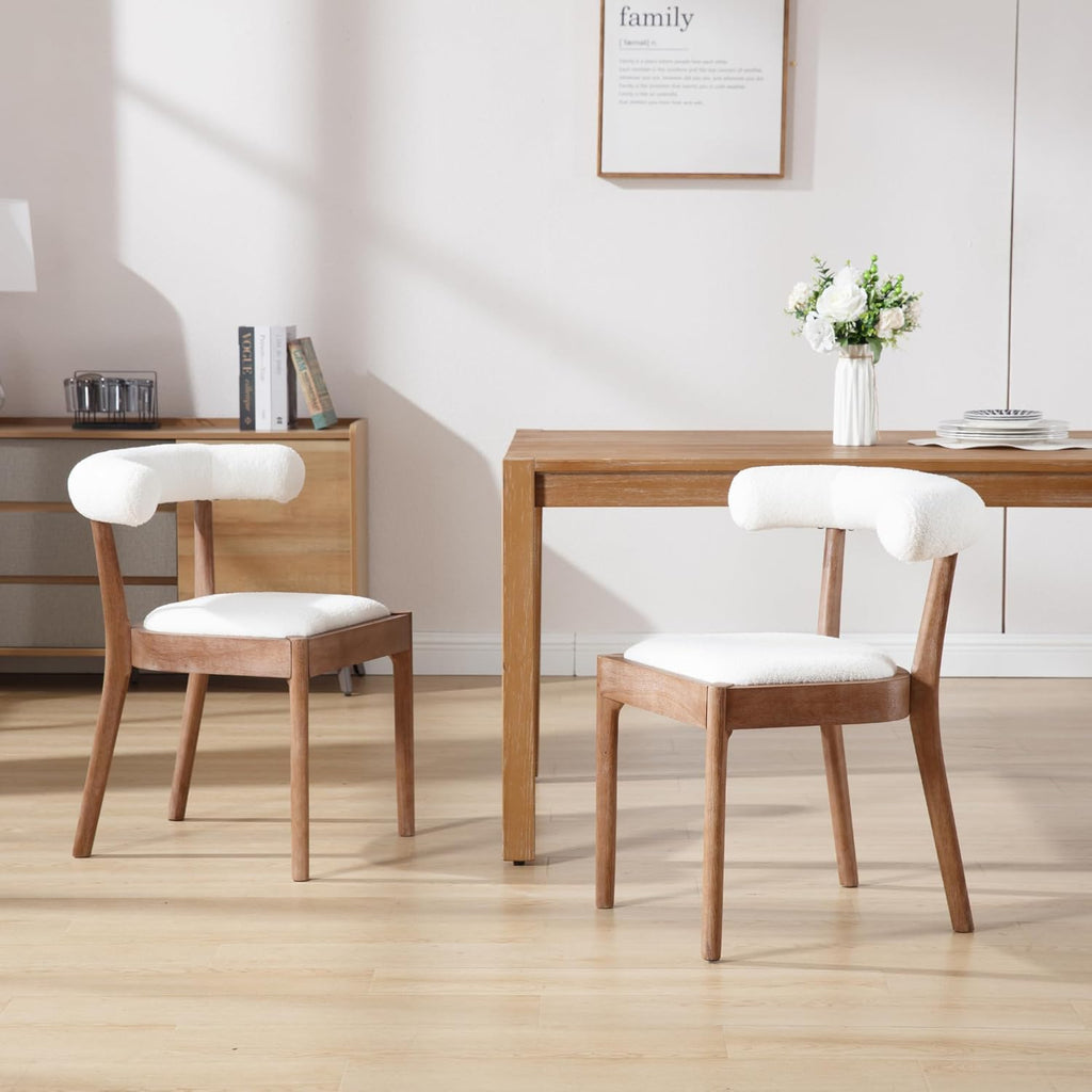 Dining Room Chairs Mid-Century Modern Sherpa Kitchen Chairs with Natural Walnut Finished Frame, Fur Curved Back