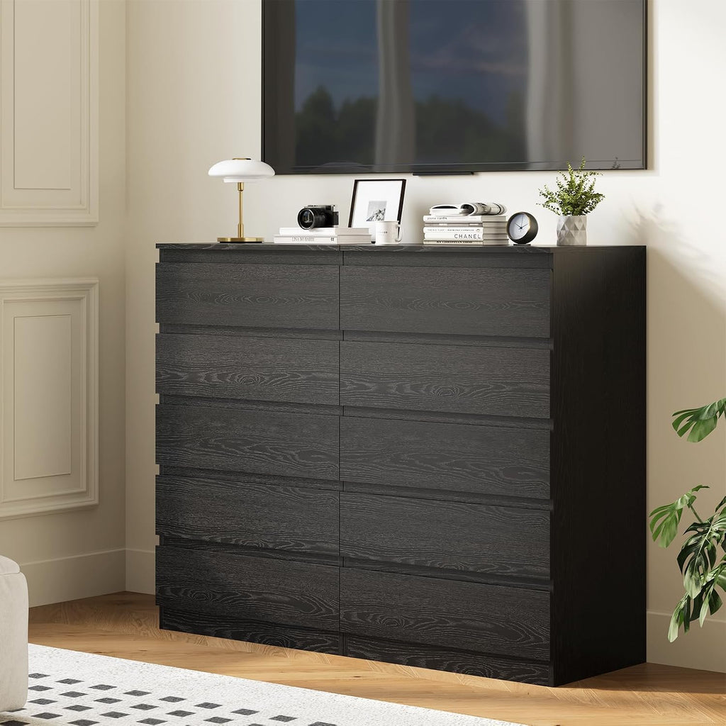 Black Wood Dresser , 5 Drawer for Clothes Storage | Handle-Free, Tall Wooden Chest Drawers , Night Stand