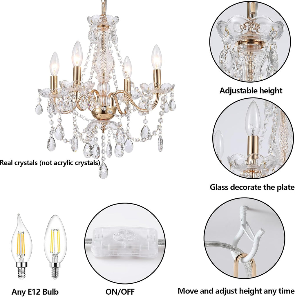 Plug in Crystal Chandelier,French Country Gold Crystals Chandelier Pendant Lighting
