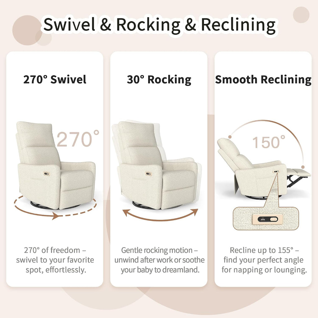 Power Swivel Recliner Chair, 270°Swivel Rocker Chair for Adults, Rocking Recliner Upholstered Fabric Glider Recliner