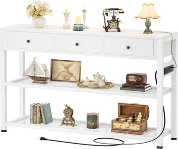 47'' Entryway Table with Outlets and USB Ports, Console Table with 3 Drawers, Sofa Table Narrow Long with Storage