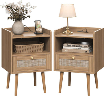 Night Stand Set 2, Nightstands Set of 2 with Charging Station, Rattan Side Tables with Solid Wood Legs, Boho Bedside