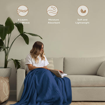 Cotton Throw, Muslin, Blue, 4-Layer Design, Lightweight, Sofa