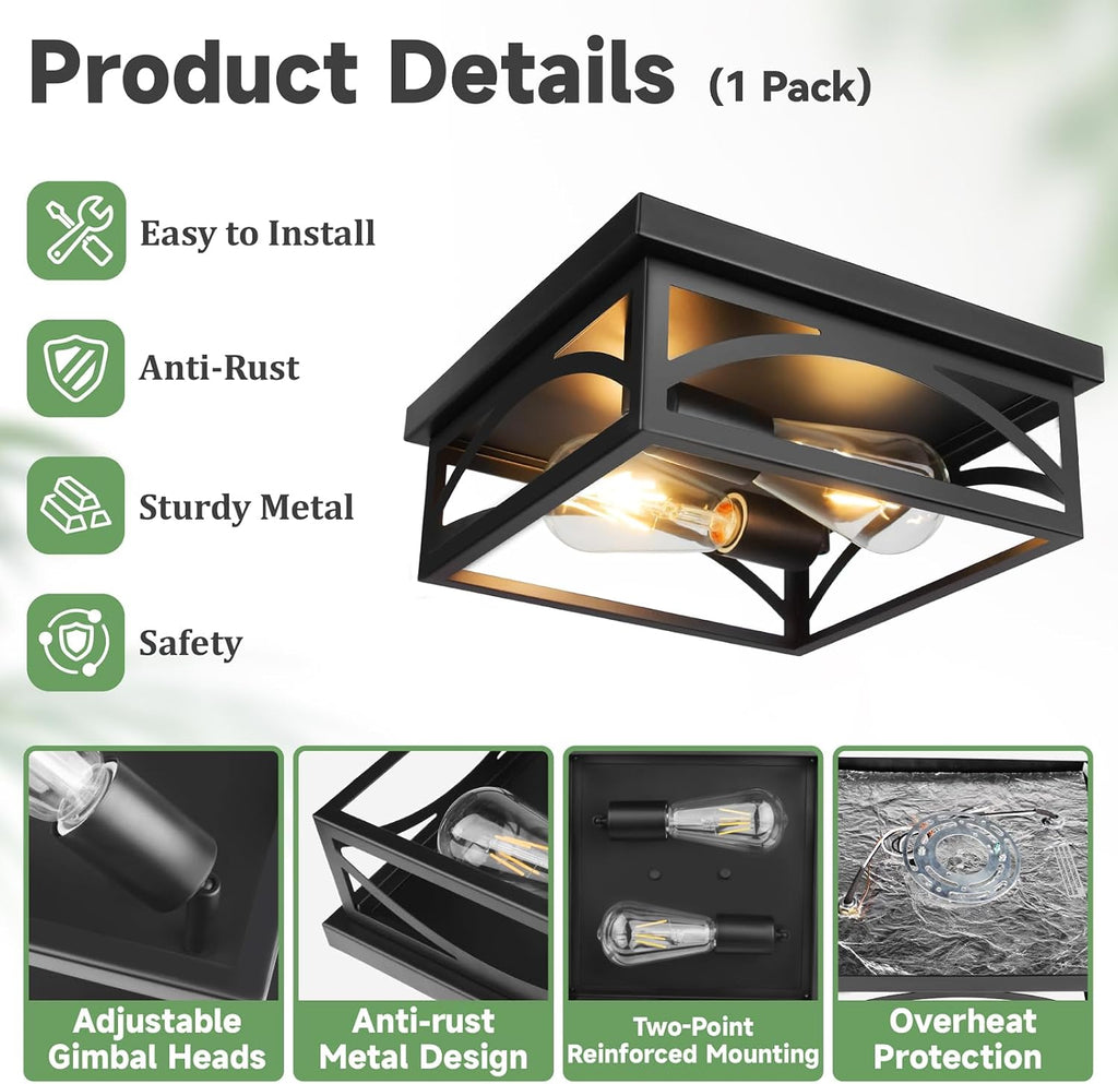 Black Square Flush Mount Ceiling Light, Farmhouse Ceiling Light Fixture for Hallway Porch Kitchen