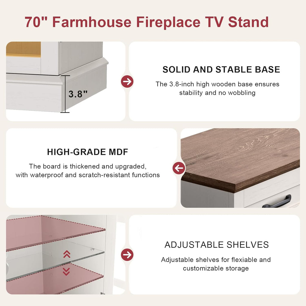 70" Fireplace TV Stand, 3-Sided Glass Fireplace and Modern Entertainment Center, Wooden Media Console with Glass
