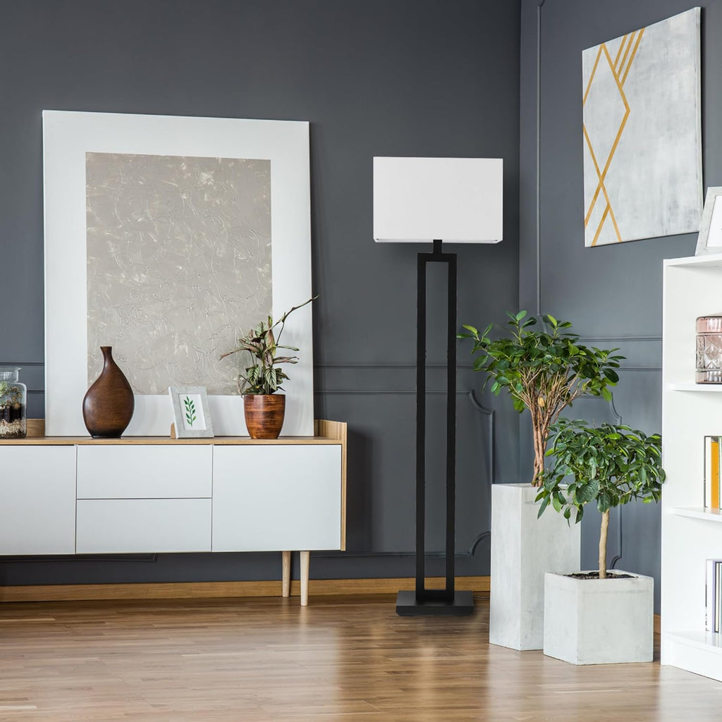 67046 58" Floor Lamp, Matte Black Finish, White Linen Rectangular Shade, Modern Geometric Cutout Design, E26 Base