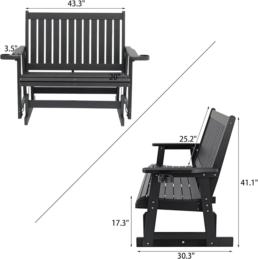 Patio Glider Two-Seat with Cup Holders, Durable HIPS Material, All-Weather Resistant, High Backrest and Deep