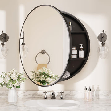 24 x 24 Inch Medicine Cabinet Mirror Black Framed Round Mirrored Medicine Cabinets Adjustable Shelves Modern Bathroom