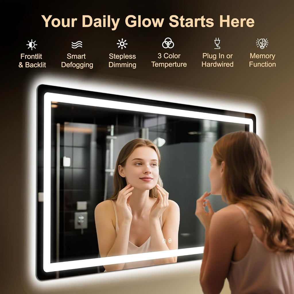 LED Bathroom Mirror, 50"x30" Bathroom Vanity Mirror with Lights for Wall, Smart Anti-Fog, Stepless Dimmable with 3