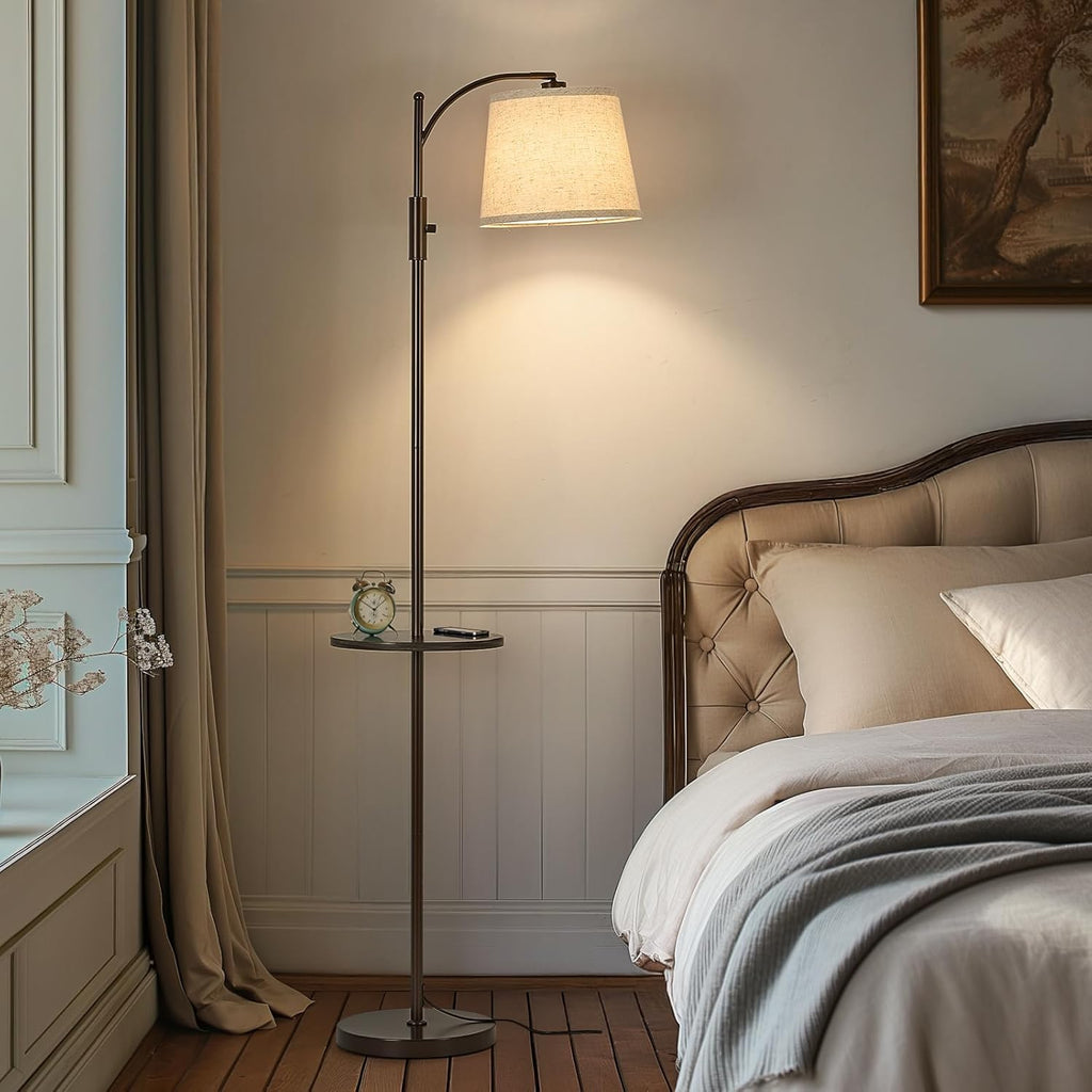 Dimmable Floor Lamp，Standing Lamp Rotary Switch with Table&Linen Beige Shade，Brown Tall Lamps with Adjust Head，9W LED