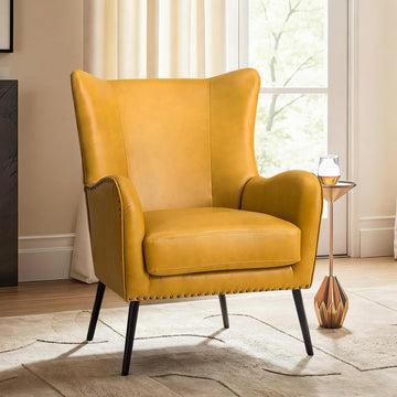 Upholstered Faux Leather Accent Chair with Black Metal Legs, Comfy Armchair with Removable Cushion & Nailhead Trim