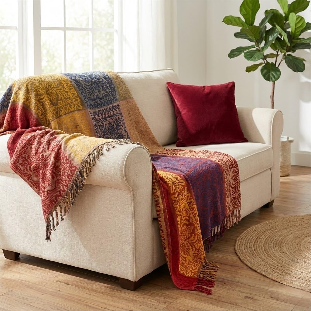 Bohemian Throw Blankets Chenille Jacquard Tassels Soft Chair Cover, 60x75 Inches)