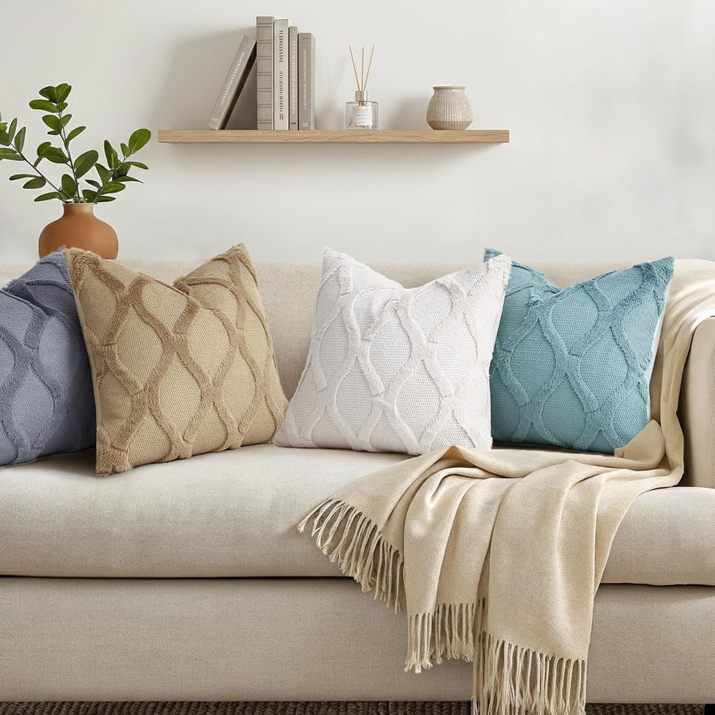 Summer Throw Pillow Covers 18x18 Inch Set of 2, Soft Plush Faux Fur Wool Cream White Accent Couch Pillow Covers for