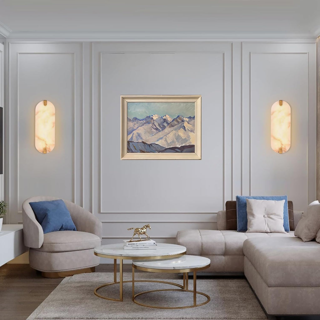 14.17in Alabaster Wall Sconces, Natural Marble Wall Light Set of Two, Modern LED Alabaster Sconces for Living Room