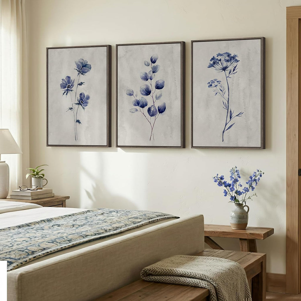 Framed Boho Floral Wall Art , 3 Piece Blue Minimalist Botanical Canvas Painting Prints, Modern Rustic Watercolor