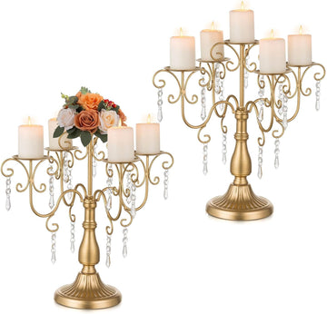 Gold Candelabra Candle Holder - 5 Arm Pillar Candle Holders with Crystal Beadsedding Candleholders Decoration Set of 2