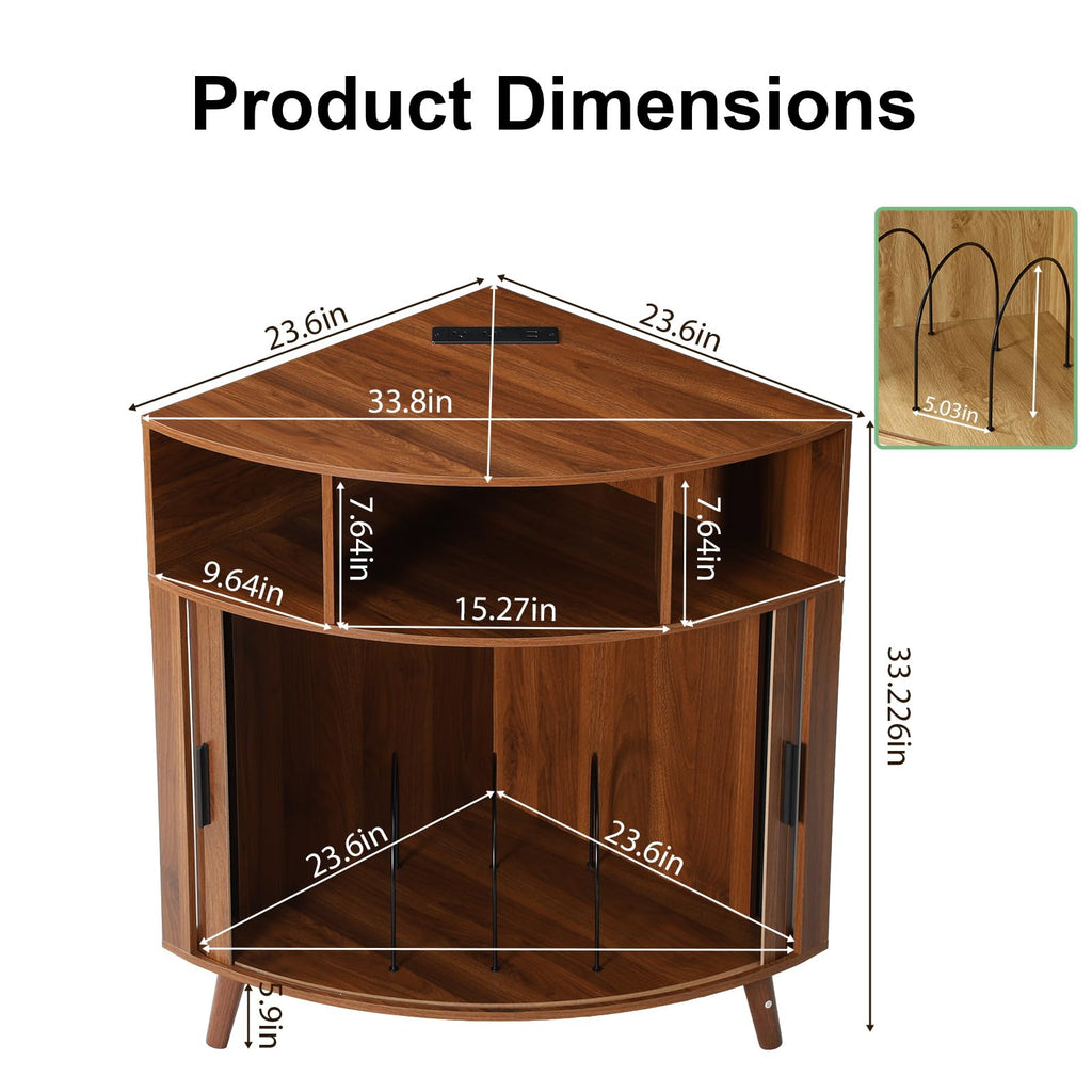 Corner Record Player Stand with Charging Station, Mid Century Modern Vinyl Storage Cabinet with Curved Door, Small