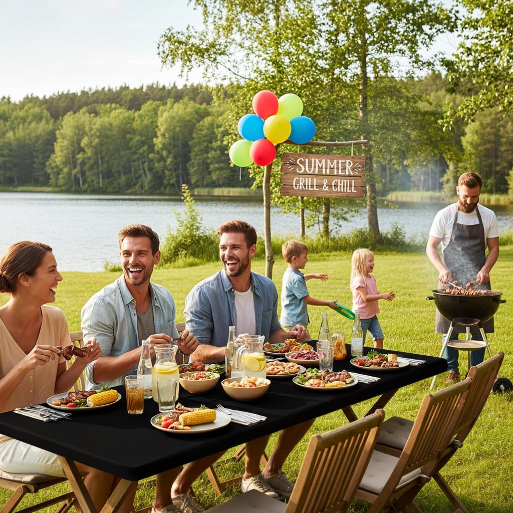 Rectangle Picnic Table Cloth, Waterproof Elastic Fitted Tablecloths for 8 Foot Tables, Washable Polyester Table Cover