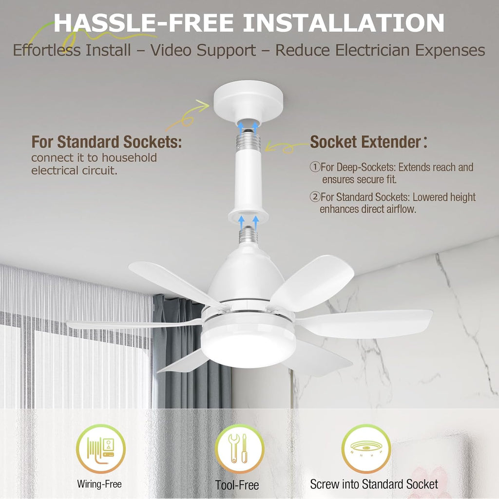 Socket Fan Light Ceiling Fans with Lights and Remote, Dimmable LED 3 Colors 3000K-6500K, 1556 Lumens Light Bulb Screw in Ceiling Fan for Bedroom, Kitchen, Living Room, Closet