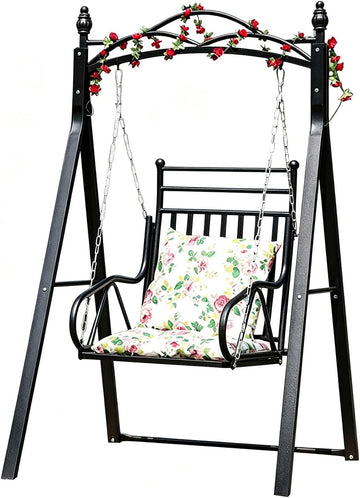 Upgraded Patio Swing with Canopy & A‐Frame Stand - Heavy Duty Outdoor Swing for Adults, Wicker Porch Swing Chair with