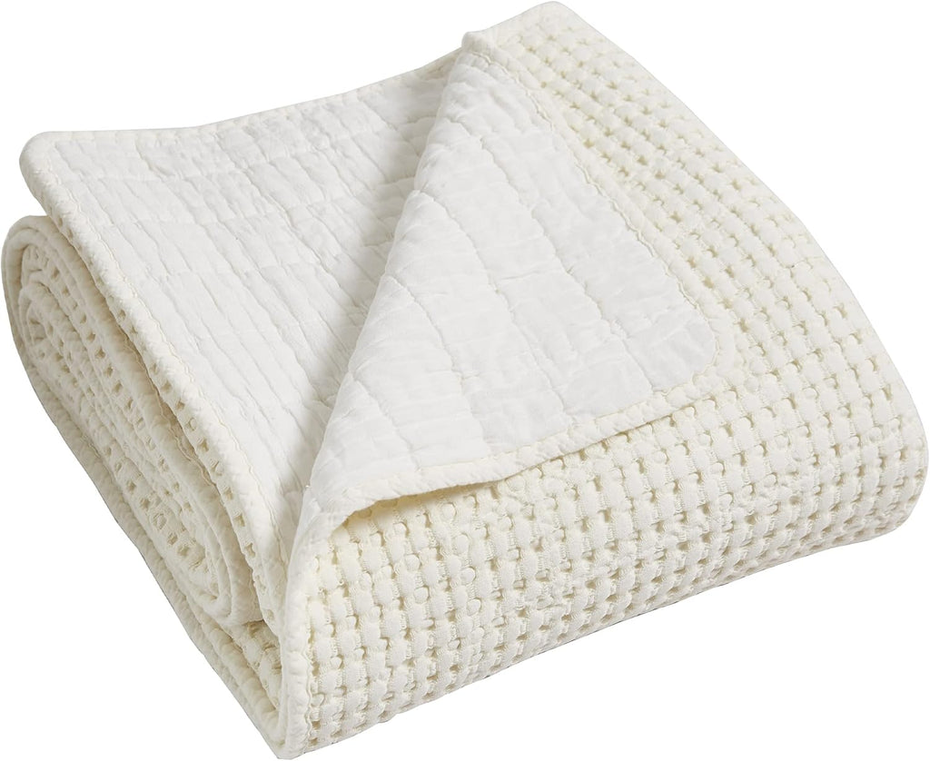 Bedspread Set with Pillow Shams - Cream - Cotton Waffle Bedspread Set