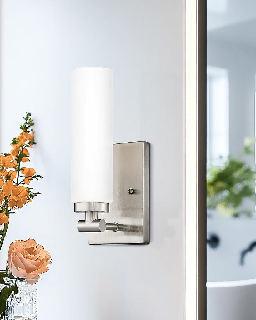Brushed Nickel Wall Sconces, 2 Light Bathroom Light Fixtures with Milk Glass Shade, Modern Wall Lights , Mirror