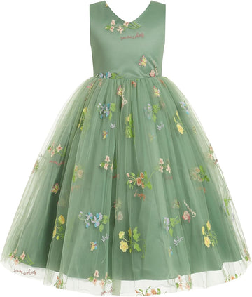 Embroidery Flower Girl Lace Dress for Kids Wedding Pageant Party First Communion Dresses Princess Bridesmaid Maxi Gown
