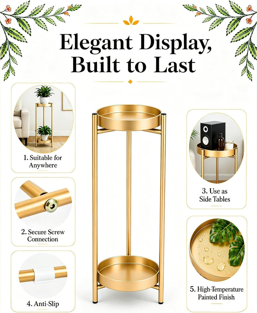 Metal Gold Tall Plant Stand Indoor or Outdoor - 30 inch 2 Tier Modern Corner Planter Shelf Rack with 2 Removable