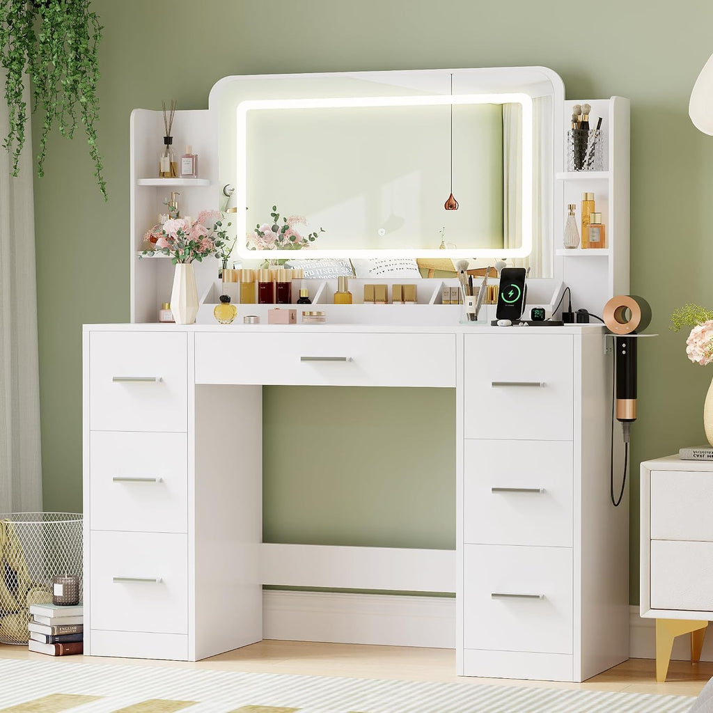 Makeup Vanity Desk with Large Mirror and LED Lights, Vanity with Power Strip and Hairdryer Holder, 6 Open Shelves and