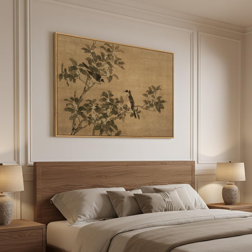 Framed Vintage Botanical Birds on Branch Wall Art, Retro Neutral Still Life Canvas Artwork for Walls, Elegant Rustic