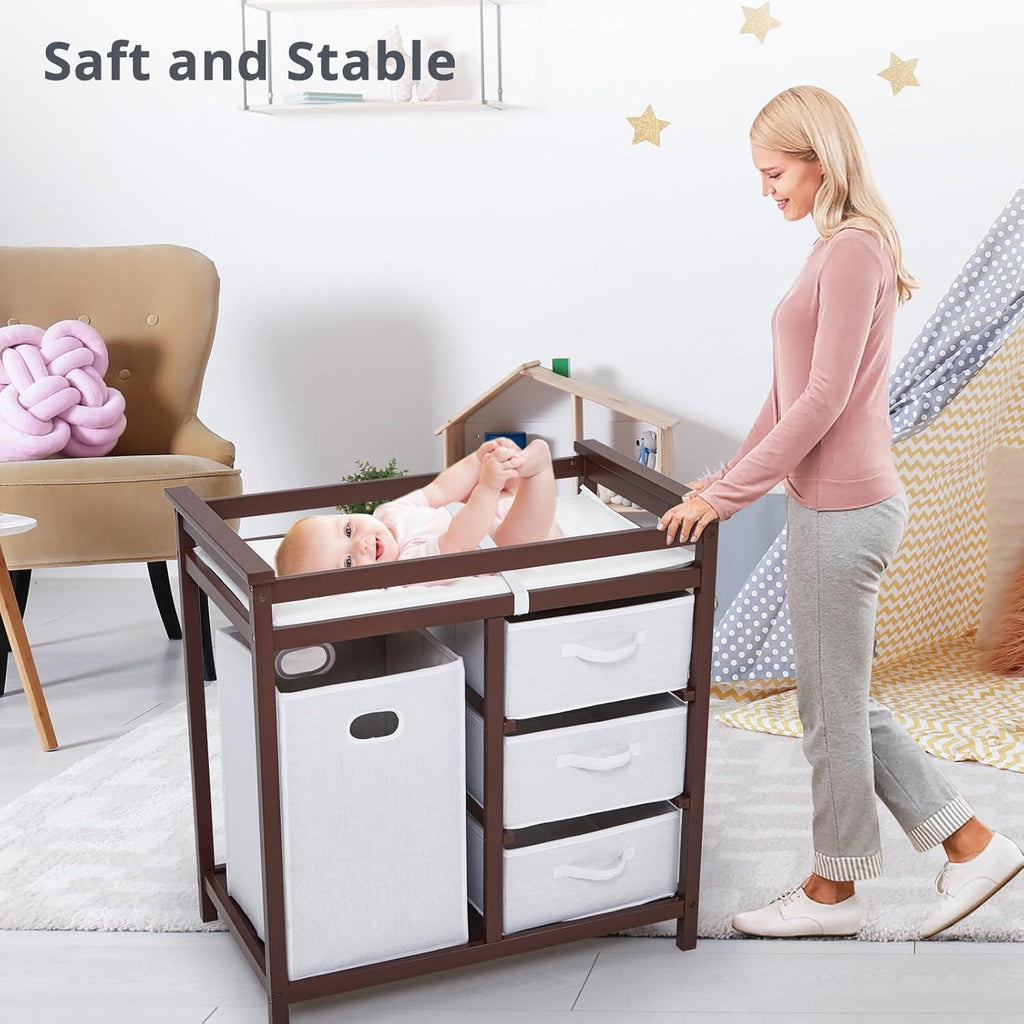 Modern Baby Changing Table with Laundry Hamper & 3 Drawers | Solid Wood Nursery Dresser Supports 40 Lbs, with Safety