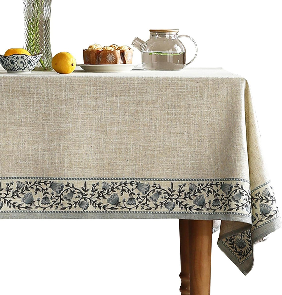 Designer Vintage Linen Elegant Rectangular Tablecloth,Chinoiserie Floral Indoor Table Cloth,Wrinkle 