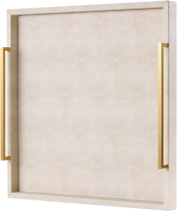 24"x24" Oversized Square Ottoman Tray , Extra Large Ivory Shagreen Leather Decorative Tray for Coffee Table,Wooden