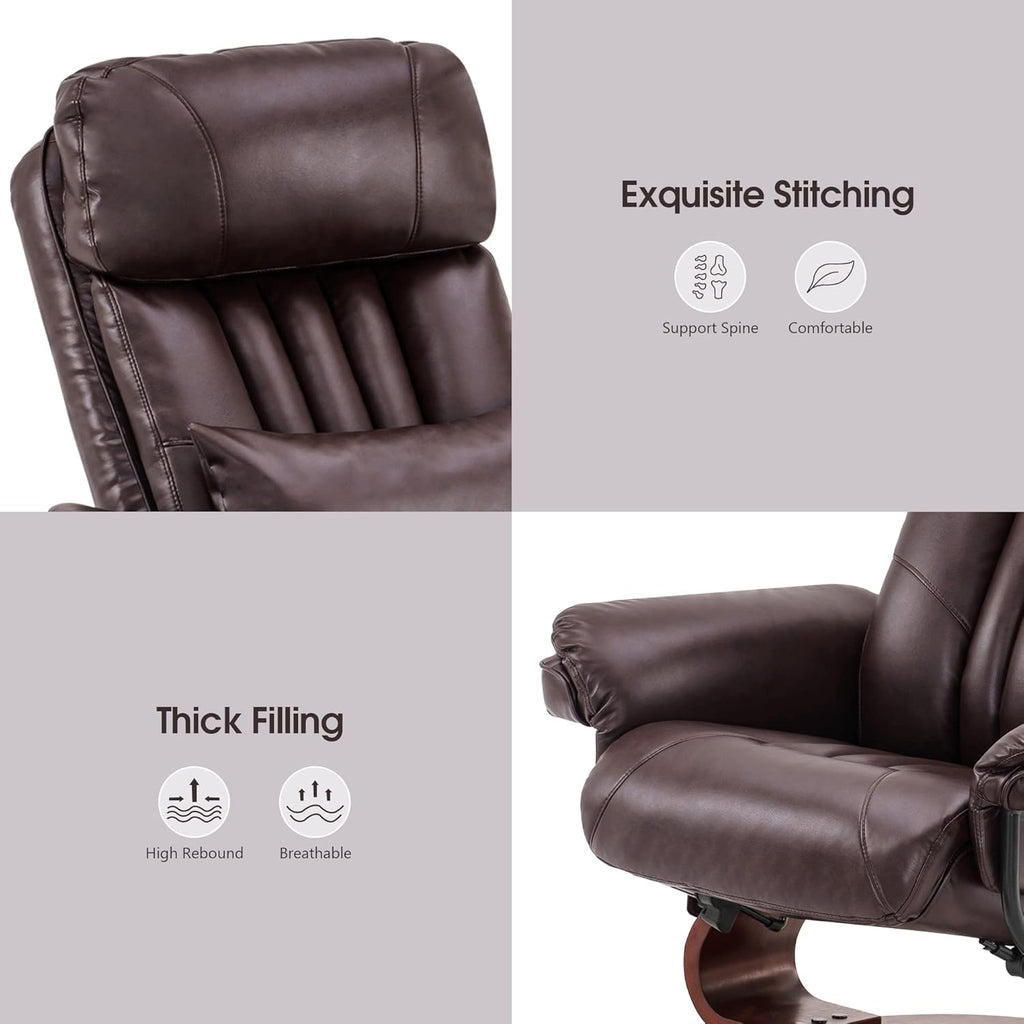 Modern Reclining Swivel Lounge Chair and Ottoman — Brown Faux Leather