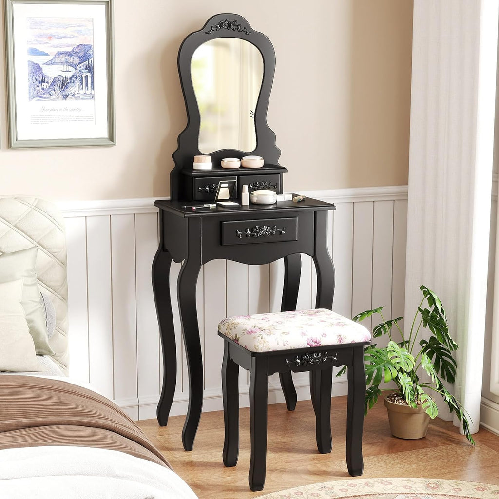 Small Vanity Desk Set, Black Makeup Vanity Table with Mirror, Cushioned Stool, 3 Storage Drawers, 20 inch Girls