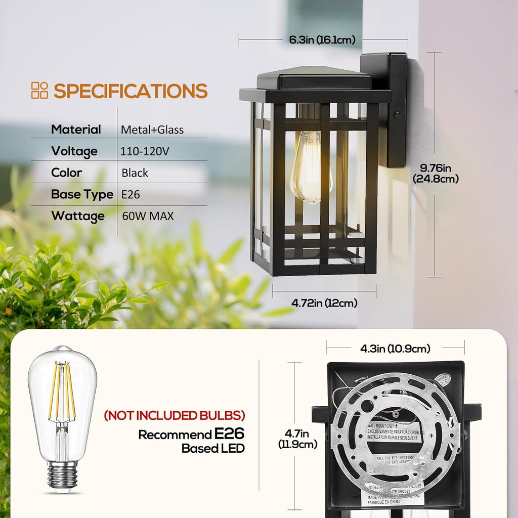 Outdoor Wall Light Fixtures 9.76'', Waterproof Porch Lights Lantern, Exterior Modern Matte Black Wall Mount Lighting