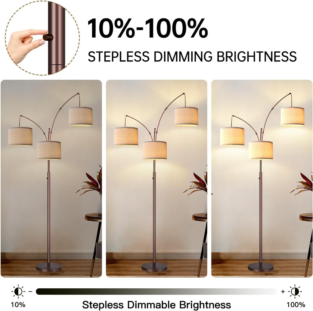 Dimmable Floor Lamp, 3 Lights Brown Arc Floor Lamp