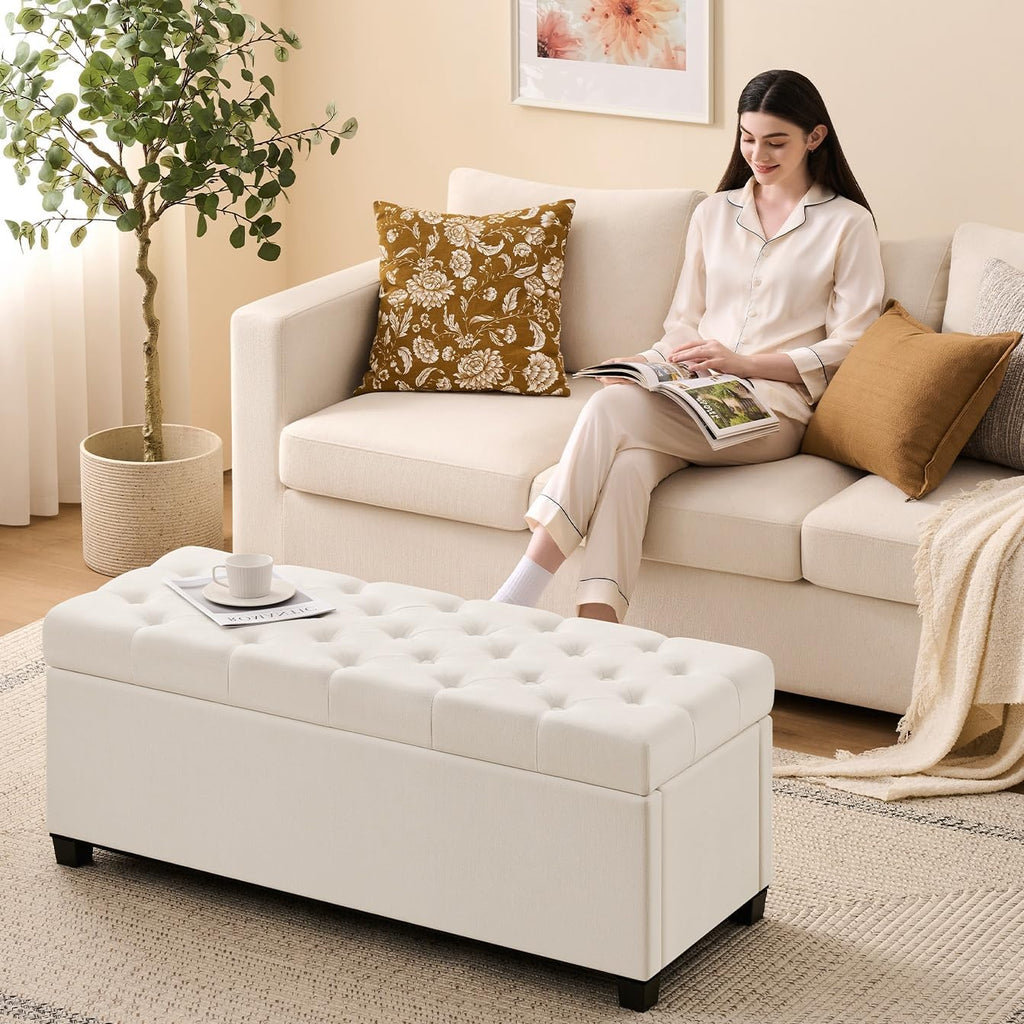 Storage Ottoman Bench , 47.2", Ivory | 47.2-inch storage ottoman with safety hinge, tufted upholstered seat and