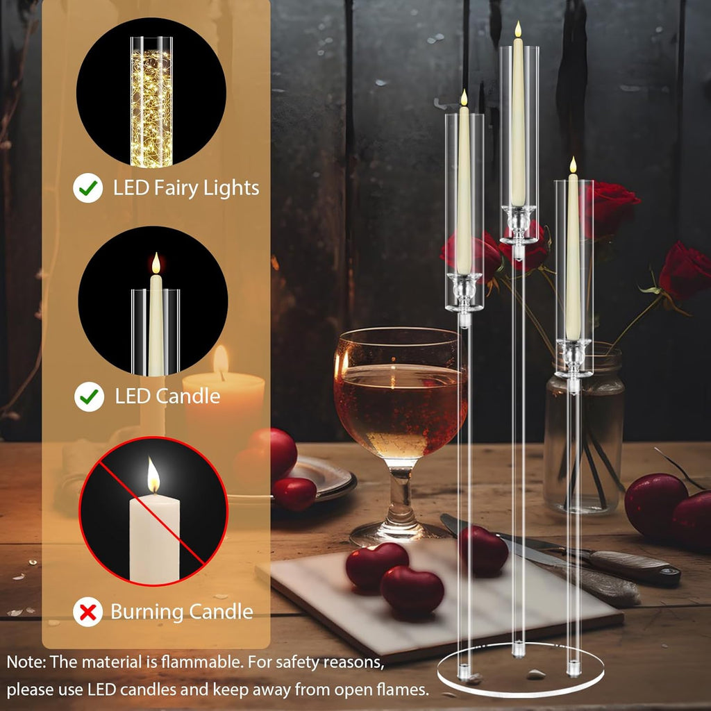 6 Set 3 Arms Acrylic Candelabras with Shades, 42" Floor Candelabra Centerpieces,Clear Candle Holder for Table