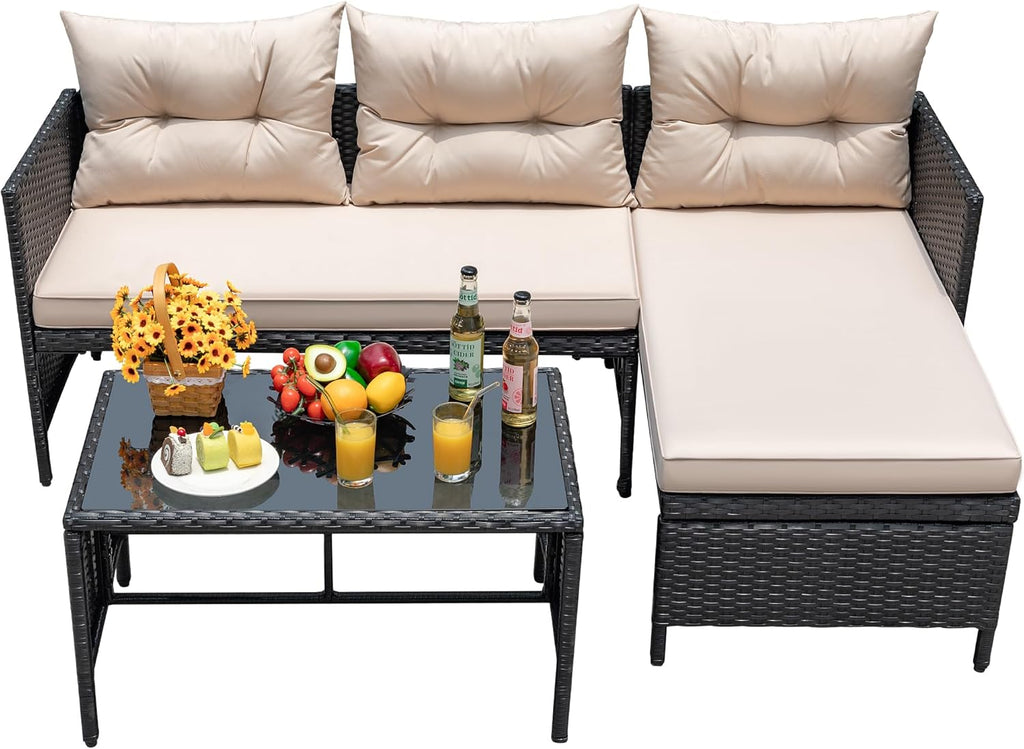 Outdoor Patio Furniture 3-Piece Rattan Waterproof Outdoor Sectional Sofa All-Weather L Shaped Patio Couch with Cushion