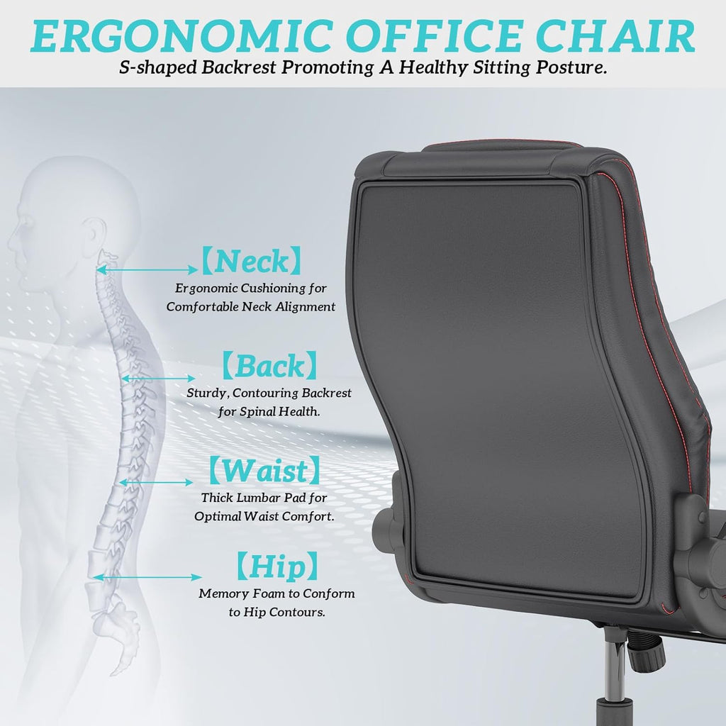 High Back Executive Office Desk Chair, Leather Computer Chair, Black | 2.6"Rubber Wheels, Flip-up Arms, Heavy Duty